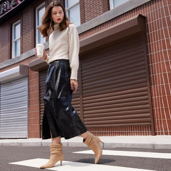 Women Slouch Ankle Boots with Fashion Mid Stiletto Heels Pointed Toe Bootie Tan - Picture 3 of 8